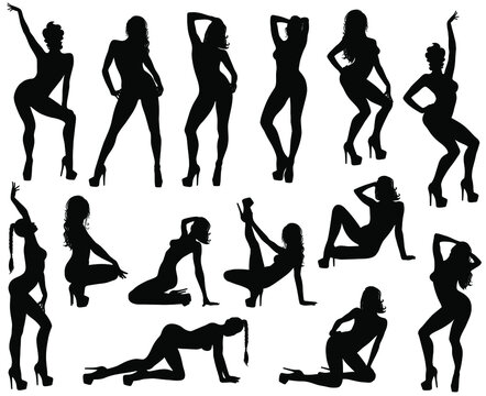 Set of vector silhouettes of sexy pinup girls in dance shoes. Shapes of beautiful dancing woman in different poses. Beauty and fashion model icons isolated on white background.