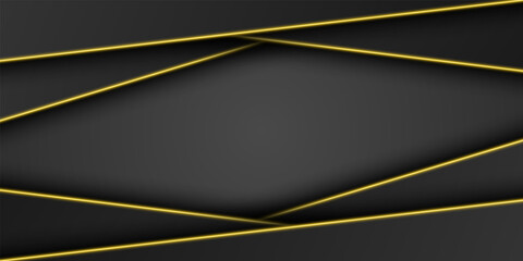 Abstract gold metallic black frame background, triangular overlap layer with bright yellow light line, diagonal shape, dark minimal design with copy space, vector illustration