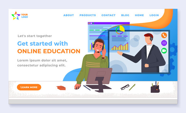 Online education and distance learning vector illustration landing page, web page template. Man using a computer and headphones for distance education, video lesson teacher leads a class remotely