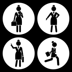 Set of business woman black silhouettes icons in round frames of different girl. Women in action. Lady dressed formally full length. Businesswoman activities at work. Positions and actions of a person