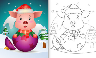 coloring book for kids with a cute pig using santa hat and scarf in christmas ball