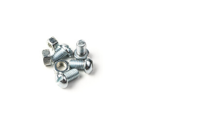 Screws and nuts on a white background. Side view with space for copying.