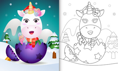 coloring book for kids with a cute unicorn using santa hat and scarf in christmas ball