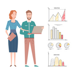 Statistics and information vector, man and woman working on business project, infocharts and infographics, growing rates and results, laptop data