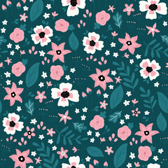 Seamless pattern with different doodle flowers and leaves. Hand drawn spring plants. Vector illustration.