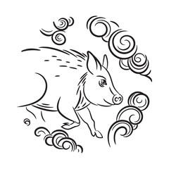 Vector image of a pig. Round emblem. The year of the boar.