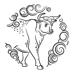 Vector image of a bull. Round emblem. Year of the bull.