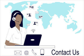 Contact us. Call center customer service agent with a computer headset on the background of a world map. Online customer support. Vector