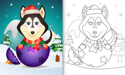 coloring book for kids with a cute husky dog using santa hat and scarf in christmas ball
