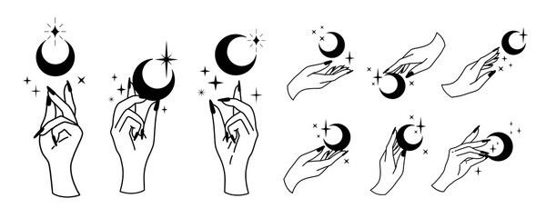 Line art of witch hands with celestial bodies, moon phases, crescent, sun, set of celestial bodies and mystic magical elements in vintage boho style. Female hand illustration