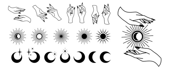 Line art of witch hands with celestial bodies, moon phases, crescent, sun, set of celestial bodies and mystic magical elements in vintage boho style. Female hand illustration