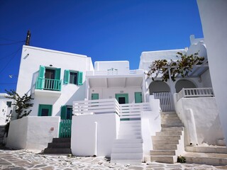 traditional white and blue Greek buildings in the city of Naousa on the island of Paros, Greece