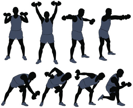 Silhouette Of Man In Costume Working Out With Dumbbells. Icons Of Boy Doing Fitness Exercises With Weights For Muscles Of Arms. Vector Illustration Of Sport Poses Isolated On White Background.