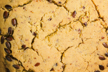 Homemade baking background. Close-up of pastry baked goods with grains