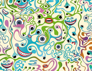 Crazy Eyes. Carton style of crazy mouth and eyes in different colors like green, blue purple on a creamy background