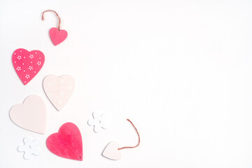 Pink and white hearts on a light background. Top view, with space to copy. The Concept Of Valentine's Day.
