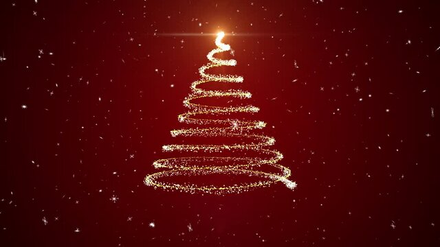 Merry Christmas Tree Glow Animation snowflakes on Red Background 3d render