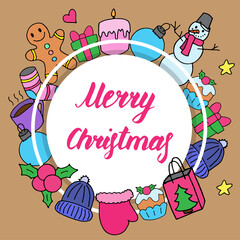 Merry Christmas, beautiful greeting card.Calligraphic inscription with frame of colorful holiday and winter elements. Creative print for textile, design, gift wrap. Vector illustration on craft board