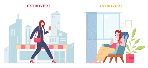 Introvert and extrovert individuality of people, vector flat illustration