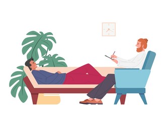 Fototapeta premium Psychotherapeutic session, male psychoanalyst and patient on couch, flat cartoon vector illustration