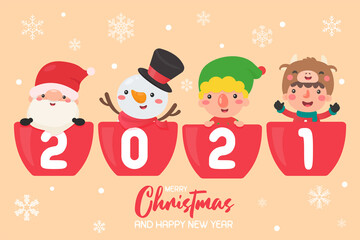 merry christmas and happy new year 2021. Cartoon characters santa and kids happy christmas.