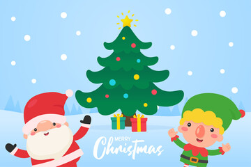 Children wear winter clothes outside to decorate the Christmas tree with red balls in winter.