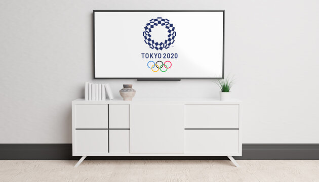 Guilherand-Granges, France - November 10, 2020. Living Room And Television With Olympic Summer Games Tokyo 2020 Logo.