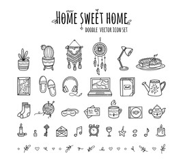 Sweet cozy home house set of elements in Doodle hand drawing style. Vector icons in Scandinavian hugge style, warm and cute
