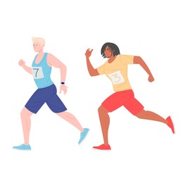 Fototapeta na wymiar Cartoon male runners in stylish sportswear on marathon race, vector illustration in flat style