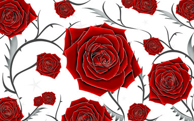 Red roses with grey thorns. Floral pattern, red blossoms.