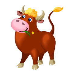 Funny bull symbol of new year. Vector illustration.