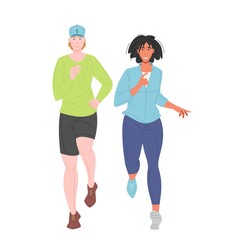 Athletic jogging couple characters in stylish sportswear training together, flat vector cartoon illustration