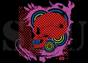 Red retro colored skull with blue teeth surrounded by purple elements, blue and green circles. Background is black with a lot of red dots and a 69 in the right corner.