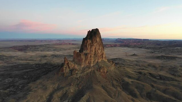 Aerial view of Agathla Peak in the morning from above, Arizona