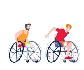 Male paralympic athletes on wheelchairs running isolated on white background, flat cartoon vector illustration