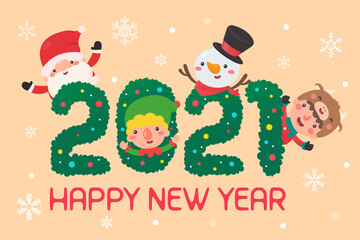 merry christmas and happy new year 2021. Cartoon characters santa and kids happy christmas.