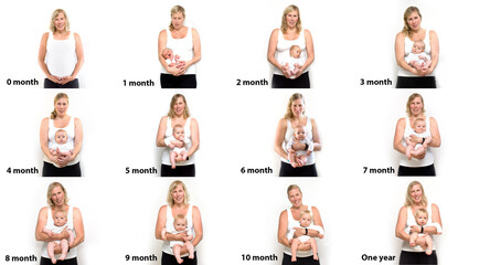 Baby development stages from birth to one year. Collage of stages of baby first year in mothers hands. 