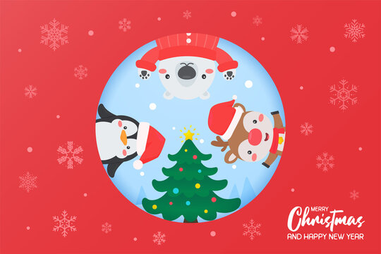 White bears, reindeer and penguin decorate the Christmas tree with red balls in winter.