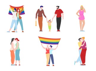 LGBT people characters, homosexual and lesbian romantic partners isolated on white background, vector illustration set