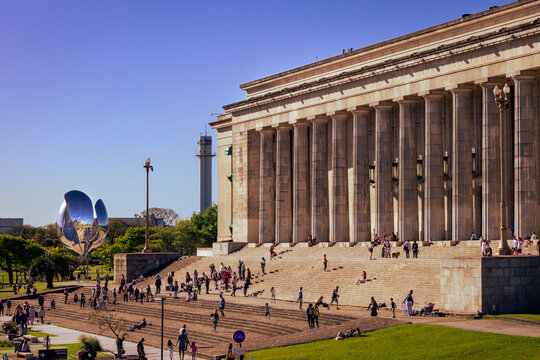Walk through the Palermo neighborhood in Buenos Aires. UBA Law School building and Floralis Gen&eacute;rica monument