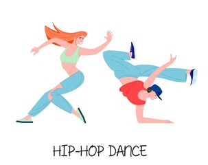 Hip-hop dancers stylish young couple, vector cartoon flat illustration for contemporary breakdancing school