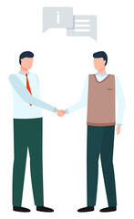 Business with China deal and workers partnership element. Colleagues characters shaking hands and communicating with each other. Partners employees with message icons isolated on white vector