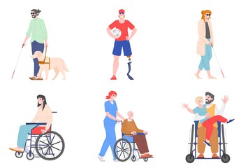 Collection of disabled people, cartoon characters with prosthesis, wheelchairs, visually impaired, vector illustration