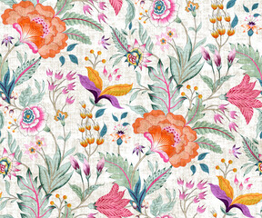 Fantasy floral with distress look seamless pattern in Jacobean print style, vintage, old, retro style.