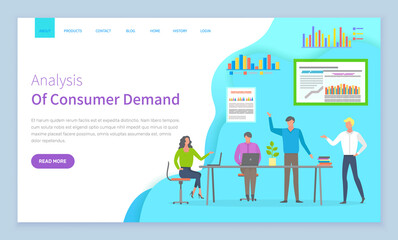 Analysis of consumer demand website vector. Workers with laptop discuss statistical indicators, analyze sales charts and graphs, make a plan to attract customers. Webpage template, landing page