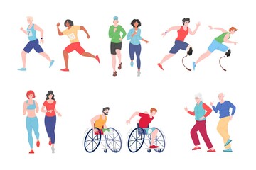 Running people disabled, athletic man, female, vector flat runner jogging cartoon characters set isolated on white