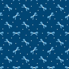Festive seamless pattern with bows and snow on a blue background. Winter christmas and New Year pattern. Vector holiday illustration, can be used as gift wrapping