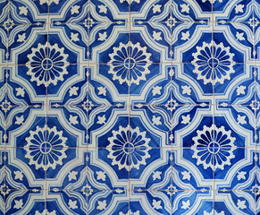 Close-up of a typical blue tile pattern on a house wall in Spain, Europe