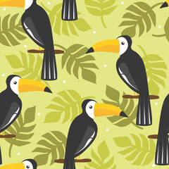 Seamless pattern, birds, palm leaves, hand drawn overlapping backdrop. Colorful background vector. Cute illustration, toucans. Decorative wallpaper, good for printing