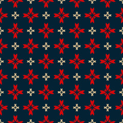 Vector floral texture. Geometric seamless pattern with small flower silhouettes, crosses. Simple abstract background. Elegant ornament in black, red, yellow color. Repeat design for decor, print, wrap